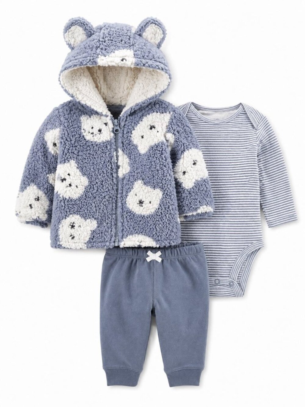 NWT Carter’s Baby Boy 3pc Outfit Set 12M Sherpa Bear Jacket Striped Onesie Pants